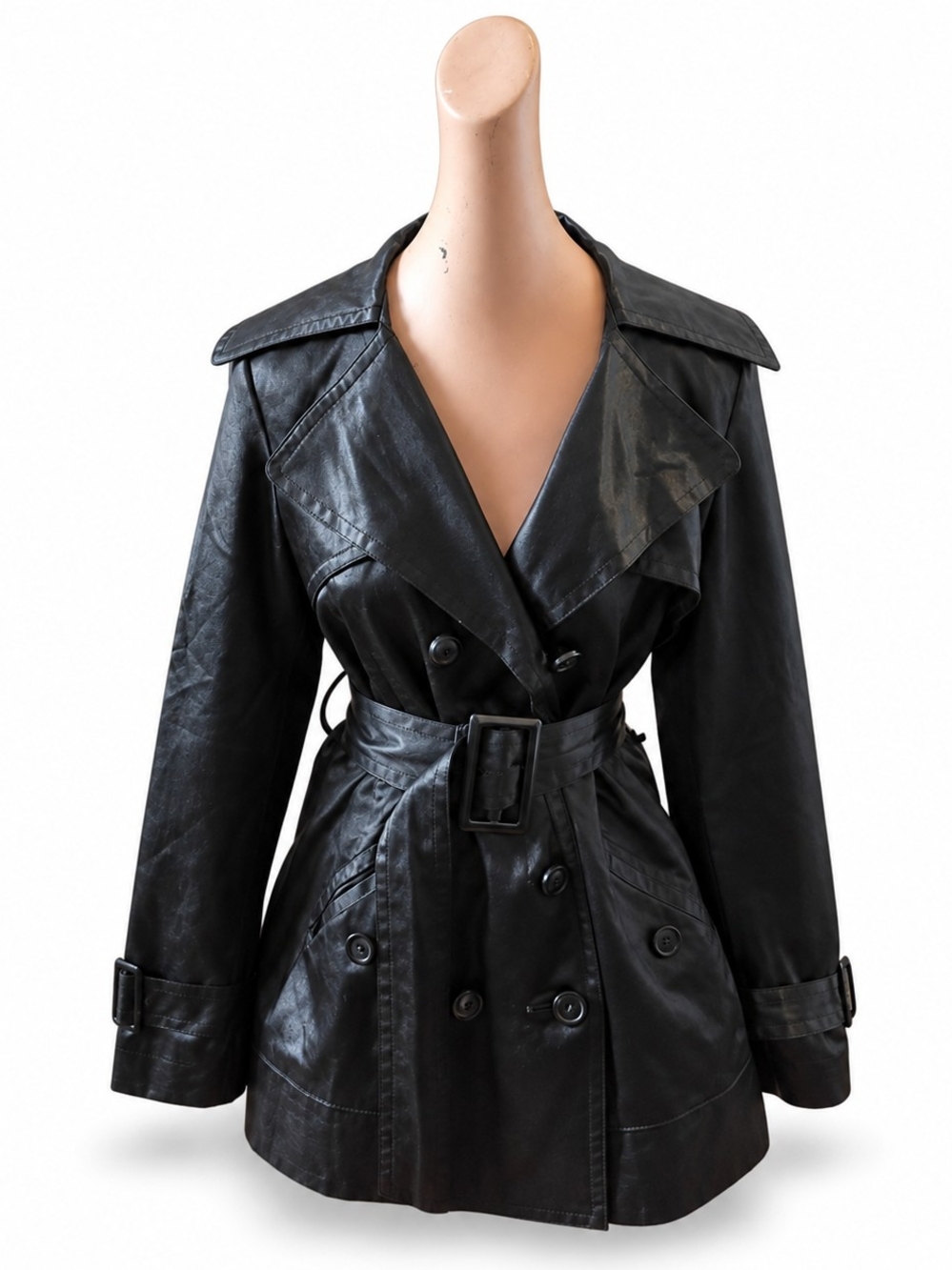 Black Rivet Double-Breasted Trench Coat - Women's Size, Medium.